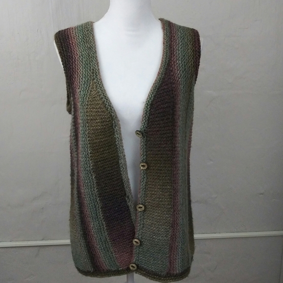 Handmade Brown Multicolor Crochet V-Neck Sleeveless Button Up Cardigan Sweater - Picture 2 of 8